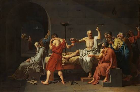 A classical painting of Socrates addressing his companions